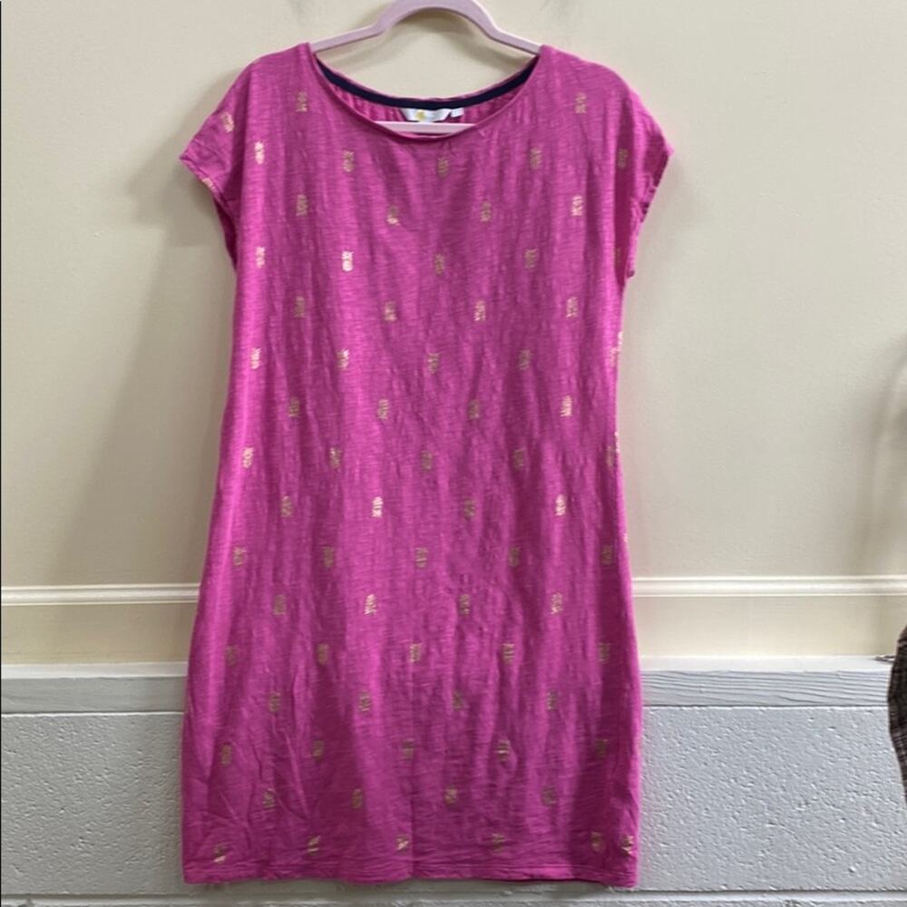 Boden women’s size 6 pink pineapple gold foiled short sleeve midi dress